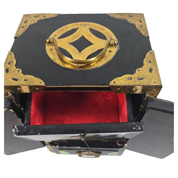 Vintage Asian Lacquer Jewelry Box Chest Brass Mother-of-Pearl Birds Flowers - Picture 9 of 15